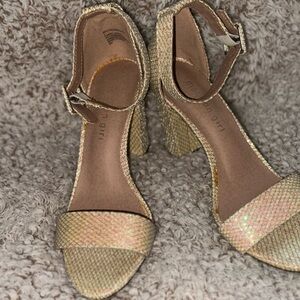 Madden Girl Tan and Gold Heels with Block Heel and Ankle Strap